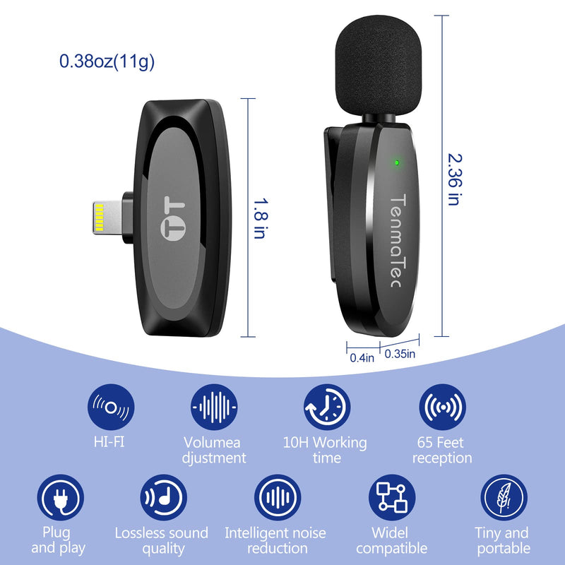 TenmaTec iPhone Microphone, Wireless lavalier Microphone for iPhone Video Recording,Clip on Microphone,Mini Lapel Microphone for iPhone Interview,Podcast,YoTube,TikTok, Facebook-Dual Mics Blue