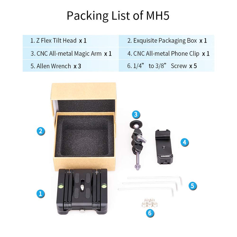 [AUSTRALIA] - Z-Flex Tilt Tripod Head-INNOREL MH5 CNC Aluminum Alloy All Metal Flexible Folding Z Pan 360° Horizontal Rotation with 1/4" and 3/8" Screws, Max Load 6.61lb for Canon Nikon Sony DSRL Camcorder Slider 