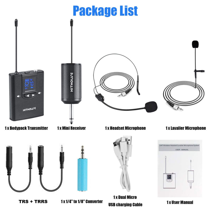 [AUSTRALIA] - Kithouse 2-in-1 UHF Wireless Lavalier Lapel Microphone Wireless Headset Mic System with Rechargeable Bodypack Transmitter Receiver 1/4" Output for iPhone Android Phone, Recording, Speaker, Camera 