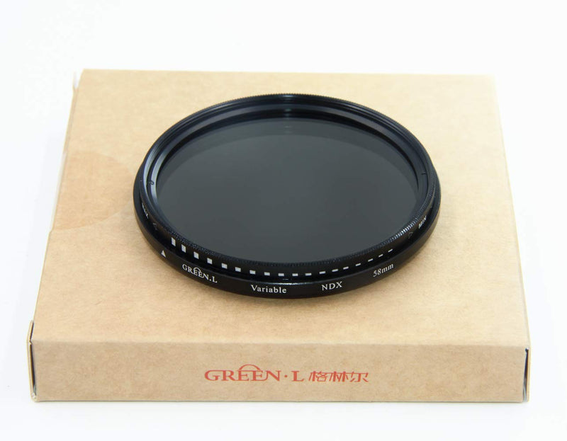58mm Variable ND Filter,GREEN.L ND2 to ND400 Fader Neutral Density Filter for Camera Lens， Optical Glass with Filter Pouch 58mm