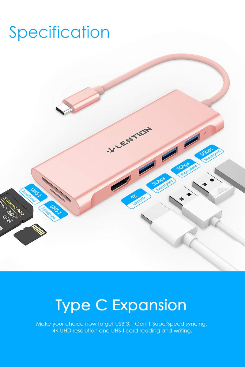 LENTION USB C Hub with 4K HDMI, 3 USB 3.0, SD 3.0 Card Reader Compatible 2020-2016 MacBook Pro 13/15/16, New iPad Pro/Mac Air/Surface, Chromebook, More, Multi-Port Dongle Adapter (CB-C34, Rose Gold)