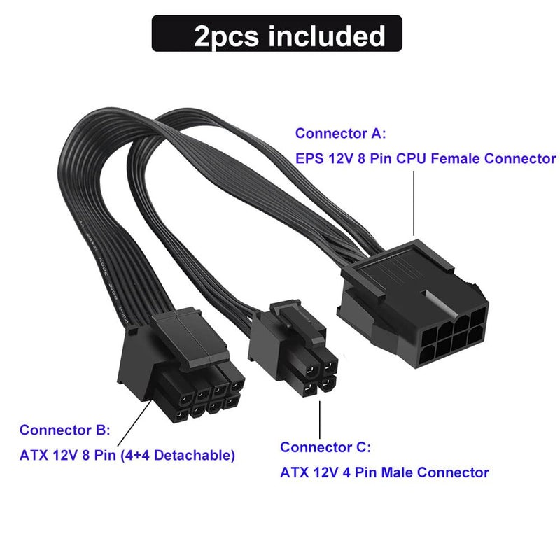 [AUSTRALIA] - OwlTree 2 Pack EPS12V CPU 8 Pin Female to CPU ATX 8 Pin and ATX 4 Pin Male Power Supply Extension Cable EPS 12V for Motherboard 10.6 inch 