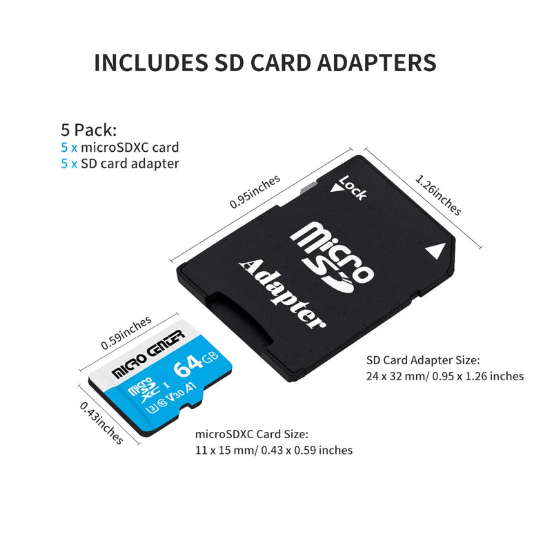 Micro Center 64GB microSDXC Card 5 Pack, Nintendo-Switch Compatible Micro SD Card, UHS-I C10 U3 V30 4K UHD Video A1 R/W Speed up to 95/30 MB/s Flash Memory Card with Adapter (64GB x 5) 64GB x 5 Pack