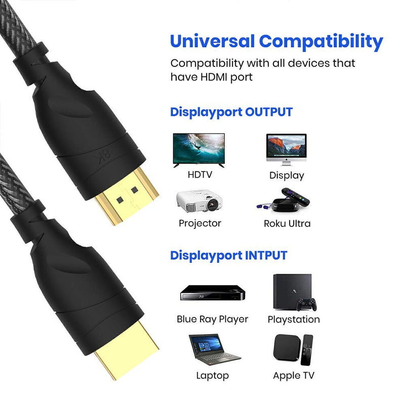 8K HDMI, 8K HDMI 2.1 Cable, 8K HDMI Ultra HD high Speed, 48Gbps 8K (7680x4320) @ 60Hz, 4K @ 120Hz Dolby Vision, HDCP 2.2, 4: 4: 4 HDR, eARC Compatible with Apple TV, Samsung QLED TV (6ft) Wait