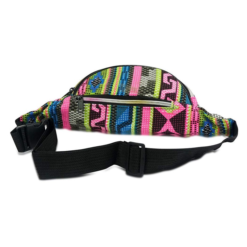 Face1st 3 Zippered Bohemian Fanny Pack Multi Strip Pattern Festival Bum Bags Lightweight Retro Travel Hiking Waist Bag (Bohemian Pink Green)