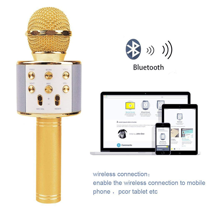 [AUSTRALIA] - Wireless Karaoke Microphone, Portable Bluetooth Microphone Speaker Player, Handheld Mic for iPhone Android, Singing Recording Interviews & Kids Home KTV Party (Gold) Gold 