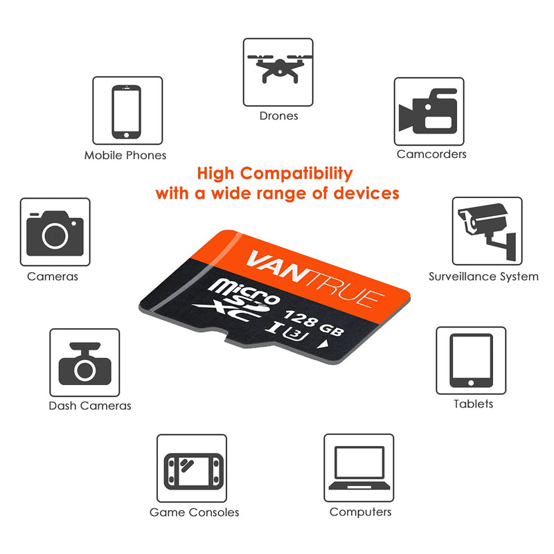Vantrue 128GB U3 microSDXC UHS-I 4K UHD Video Monitoring Memory Card with Adapter for Dash Cams, Body Cams, Action Camera, Other Surveillance & Security Cams Vantrue 128GB microSD Card