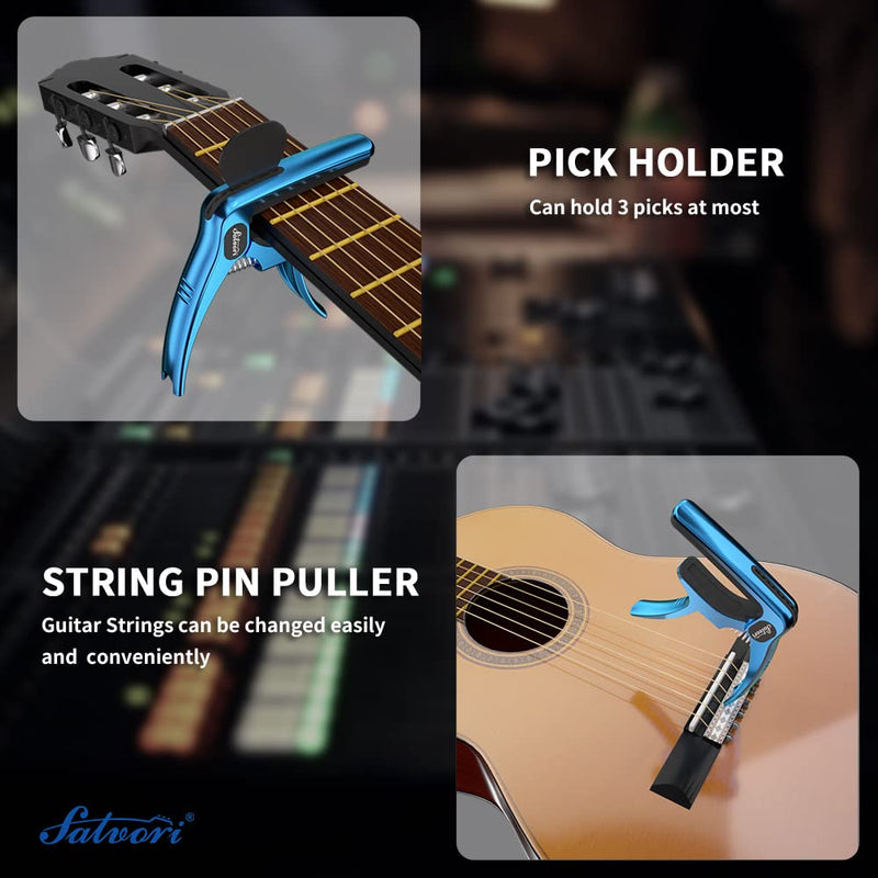 Salvori Exclusive Gradient 'Blue-Plated' Heavy-Duty Guitar Capo for Acoustic/Electric Guitar with 4 Picks, Guitar Clip/Guitar Clamp/Guitar Accessories for Classical Guitar, Ukulele, Mandolin and Banjo