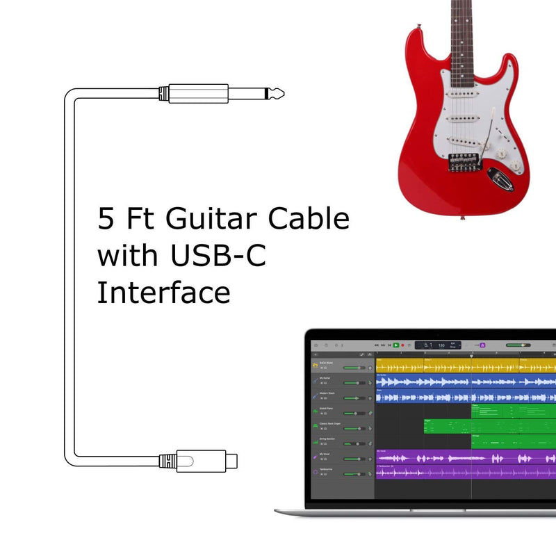 Effintone 24-Bit USB Audio Interface Adapter Cable for Electric Guitar and Bass (Compatible with Mac, Macbook, 1/4" 6.35mm Plug to USB-C Type-C, USB 2.0)