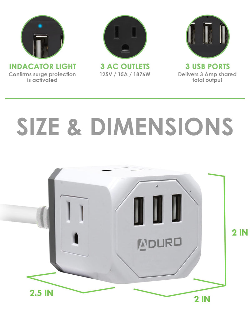 Aduro PowerUp Square Multiple Plugs & USB Power Strip with 3 USB Ports + 3 AC Plug Outlets, White/Grey