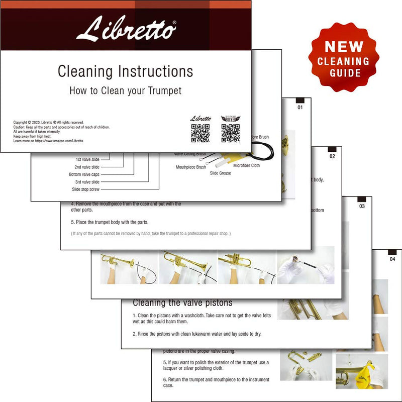 Libretto Trumpet (Cornet) ALL-INCLUSIVE Care Kit w/Instructions: Valve Oil+Slide Grease+Cleaning Cloth+Mouthpiece/Valve/Bore Brushes, Giftable Handy Case, Time to Clean & Extend Life of your Trumpet!