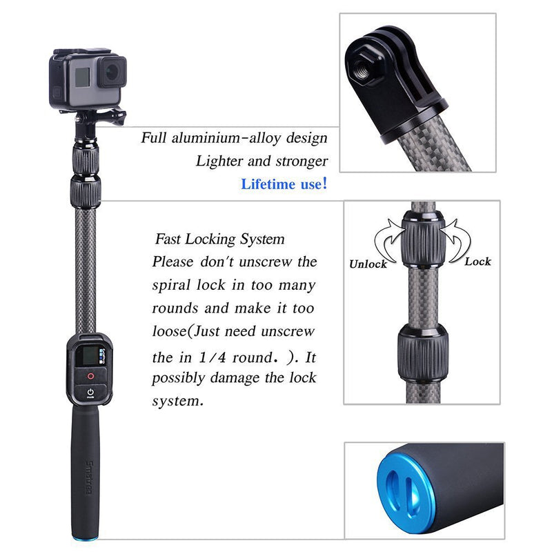 Smatree S2C Carbon Fiber Extendable Pole Compatible for GoPro Hero 9/8/7/6/5/4/3 Plus/3/2/1/Session/DJI OSMO Action Camera (WiFi Remote Controller is Not Included)