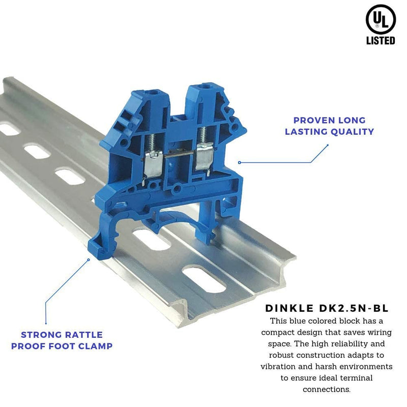 [AUSTRALIA] - Dinkle Blue DK2.5N-BL DIN Rail Terminal Block Screw Type UL 600V 20A 12-22AWG, Pack of 50 