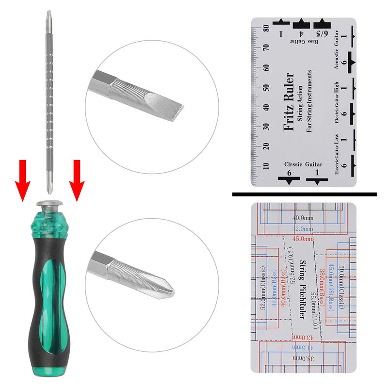 TIMESETL Guitar Repairing Maintenance Tool Kit Includes Fret Rocker Leveling Tool String Organizer String Action Ruler Gauge Measuring Tool Hex Wrench Set Files for Guitar Ukulele Bass Mandolin Banjo