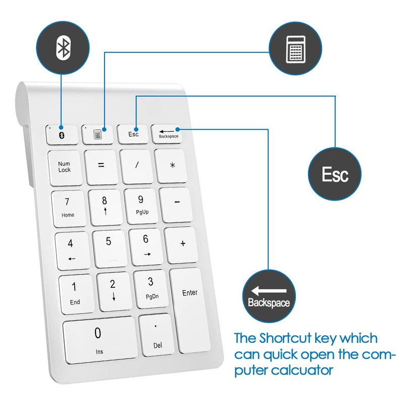 Foloda Bluetooth Wireless Number Pads: 22 Keys Wireless Financial Accounting Numeric Keypad, External 10 Key Numpad Numbers Keyboard for Laptop Computer Surface Pro Notebook Desktop Silver White