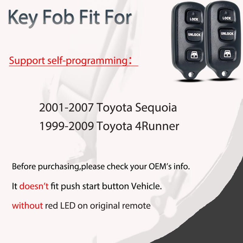 Key Fob Keyless Entry Fits for Toyota Sequoia 4Runner 1999 2000 2001 2002 2003 2004 2005 2006 2007 2008 2009 Remote Control Replacement 89742-35050 HYQ12BBX HYQ12BAN HYQ1512Y (Set of 2)