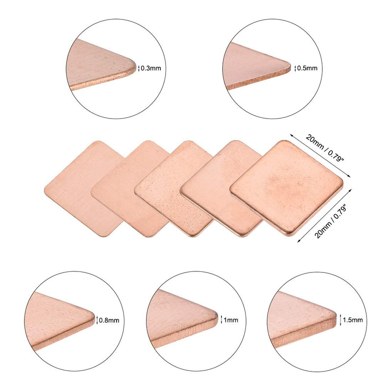 uxcell Flat IC Chipset Thermal Copper Heatsink for CPU GPU RAM 20 x 20mm with Thickness 0.3/0.5/0.8/1.0/1.5mm Total 25pcs 20x20mm