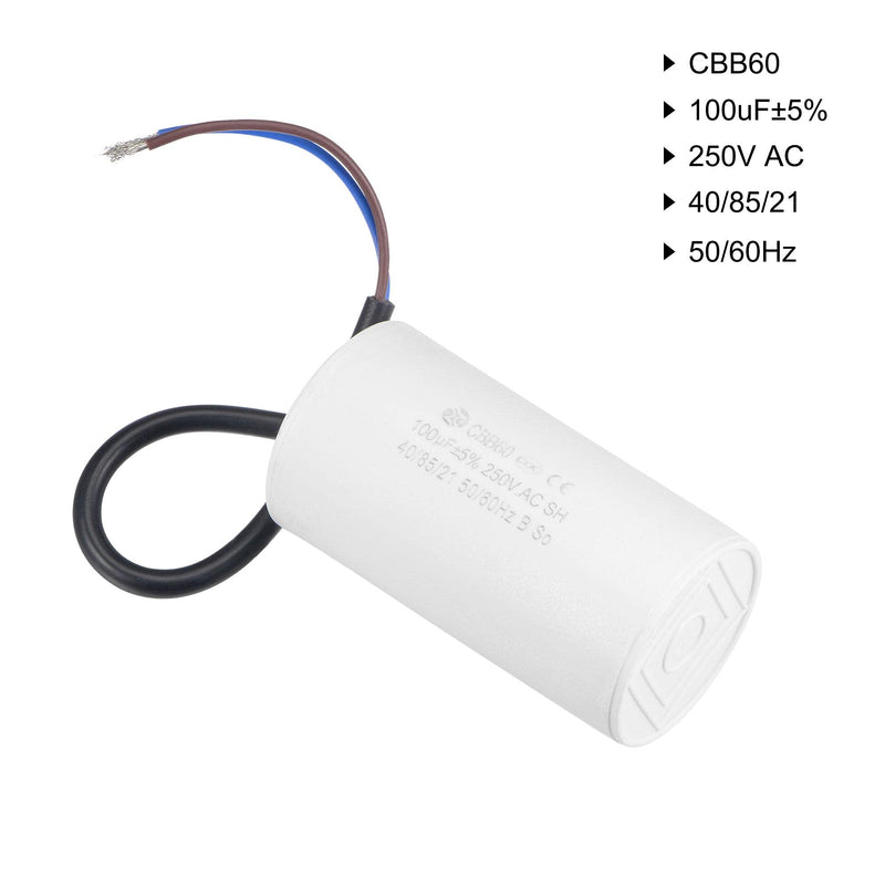 uxcell CBB60 Run Capacitor 100uF 250V AC 2 Wires 50/60Hz Cylinder 93x49mm White for Air Compressor Water Pump Motor