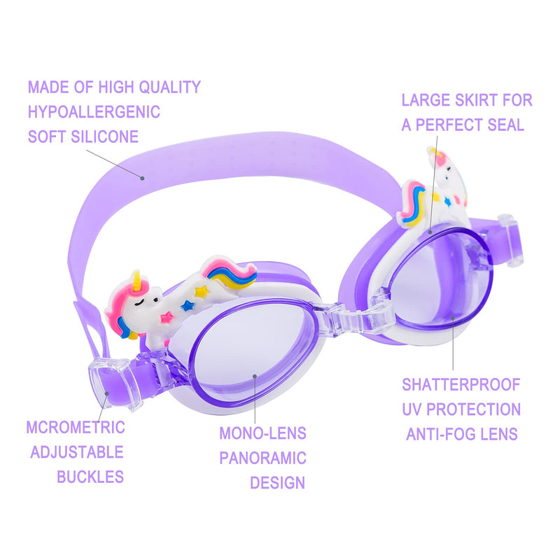Kids Swim Goggles, Childrens Swimming Goggles Early Teens from 3 to 15 Years Old, Swimming Glasses Diving Mask for Girls Boys Wide Vision, Anti-Fog, Waterproof, UV Protection purple