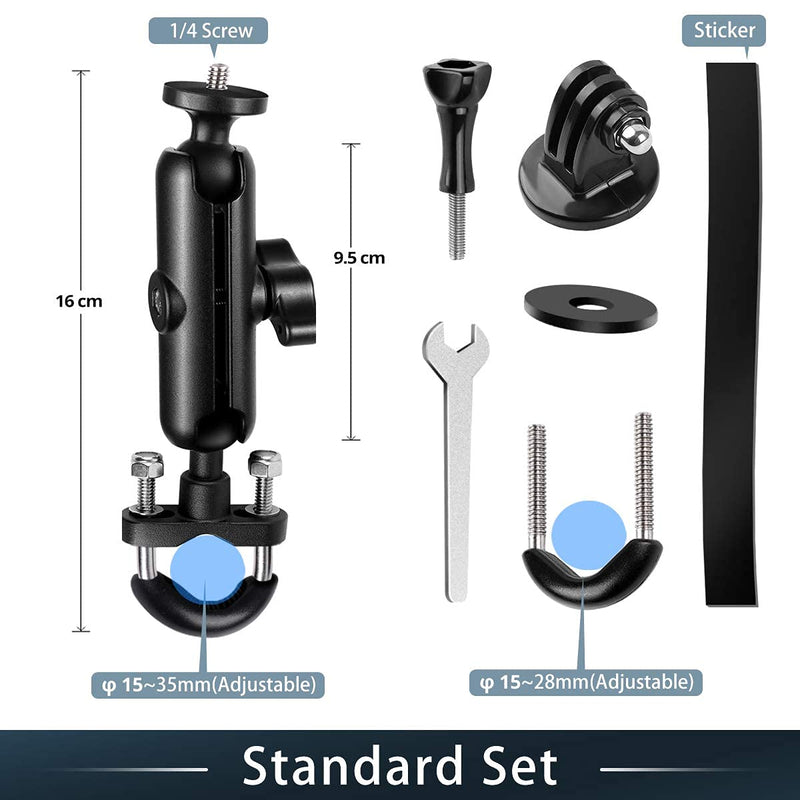 WADAHEFA 360° Rotating Bicycle and Motorcycle Handlebar mounting Bracket, with 1/4 Screw Double Ball Head Aluminum Alloy Clamping arm, for GoPro Hero9/8/7/6/5/sport Camera Accessories.
