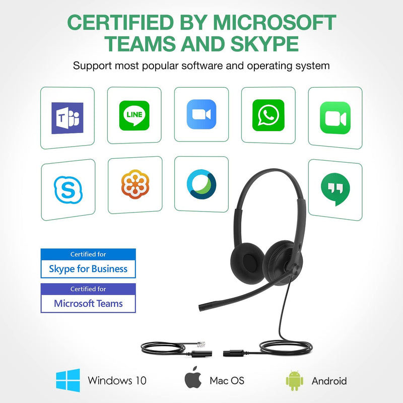 Yealink Phone Headsets for Office Phones YHS34 Lite QD to RJ9 Wired Headset Compatible with Poly Avaya Snom Grandstream Phones Desk Landline Headset with Microphone -Dual/111g/2.1m Cable Foamy Ear Cushions - Dual