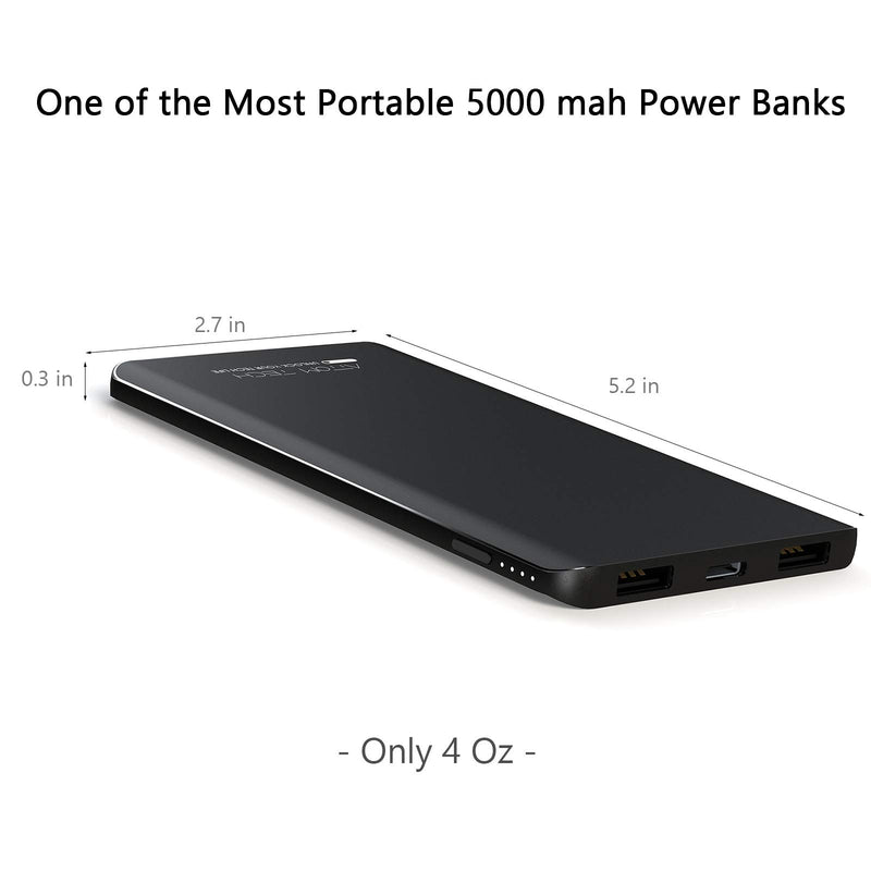 Triple USB Outputs Super Slim Power Bank Ultra Thin, Attom Tech 5000mAh Mini Portable Charger External Phone Battery Pack Small Dual USB Outlet, Emergency Phone Power Backup Black