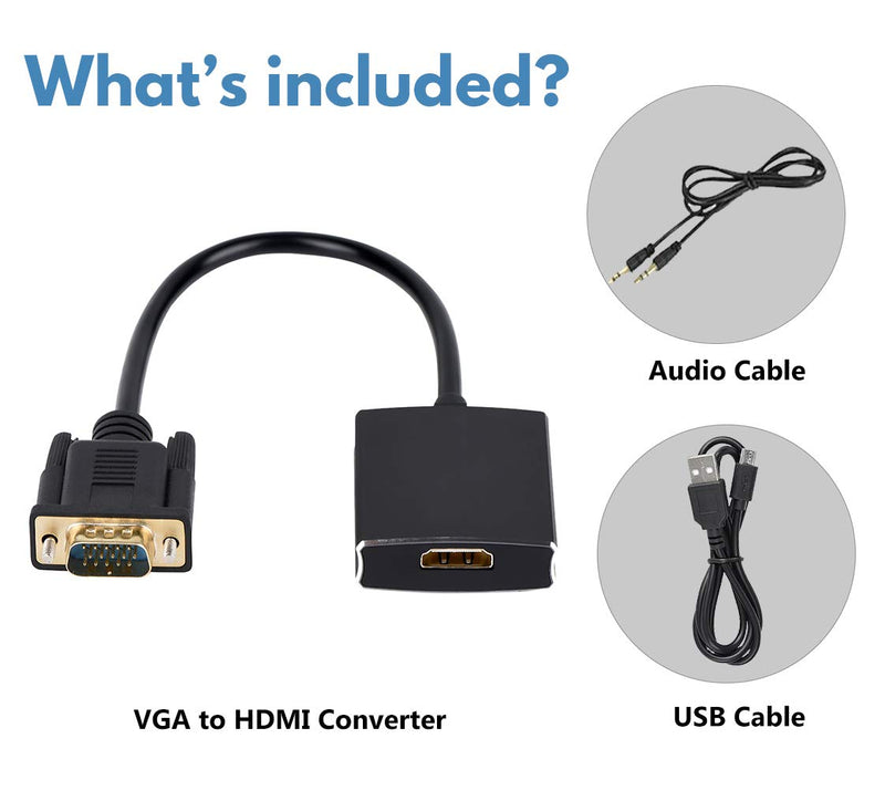 VGA to HDMI Adapter, VGA to HDMI Converter (Male to Female) for Computer, Desktop, Laptop, PC, Monitor, Projector, HDTV with Audio Cable and USB Cable (Aluminum Alloy, Black)