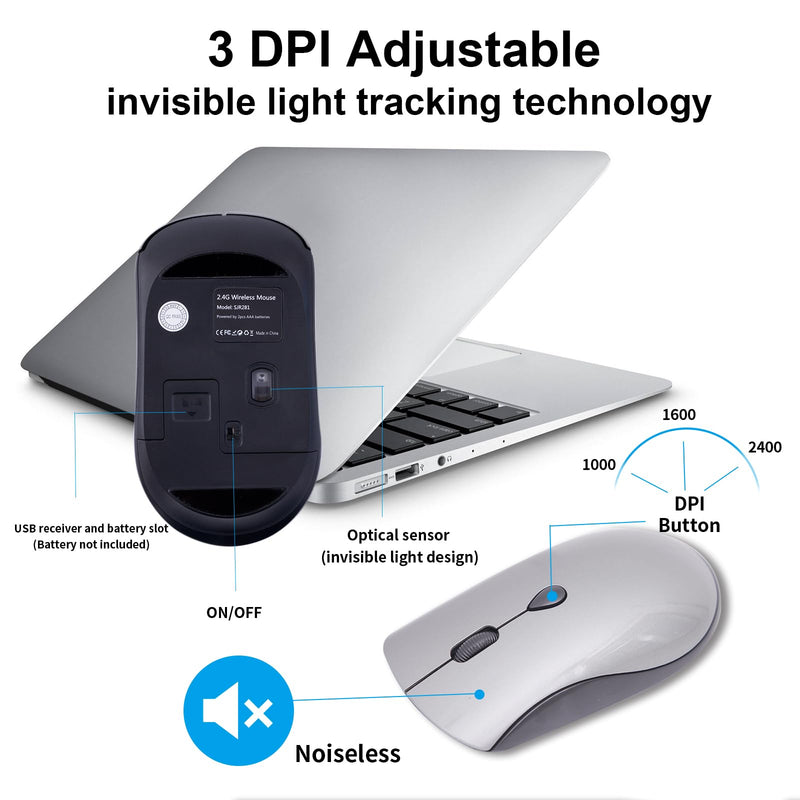 Wireless Keyboard and Mouse, Ultra-Thin Full-Size Keyboard Mouse Combo with USB Receiver, Quiet Click, 2400 DPI, Cordless Scissor Switch Keyboard Set for Laptop PC Computer Windows Mac - Black Gray KM426-Gray