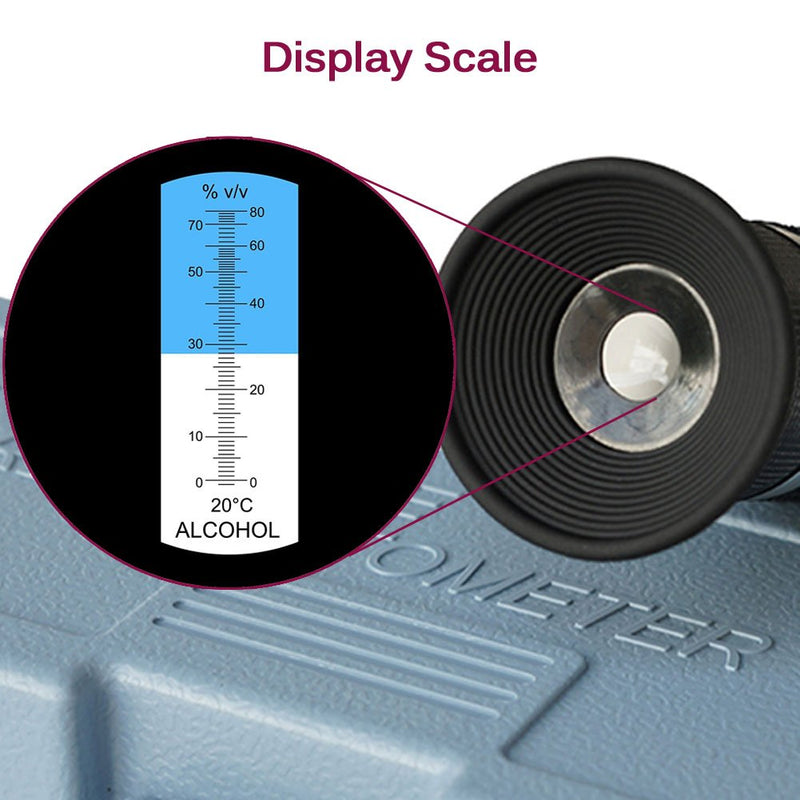 Alcohol Refractometer for Spirit Alcohol Volume Percent Measurement with Automatic Temperature Compensation (ATC), Range 0-80% v/v.
