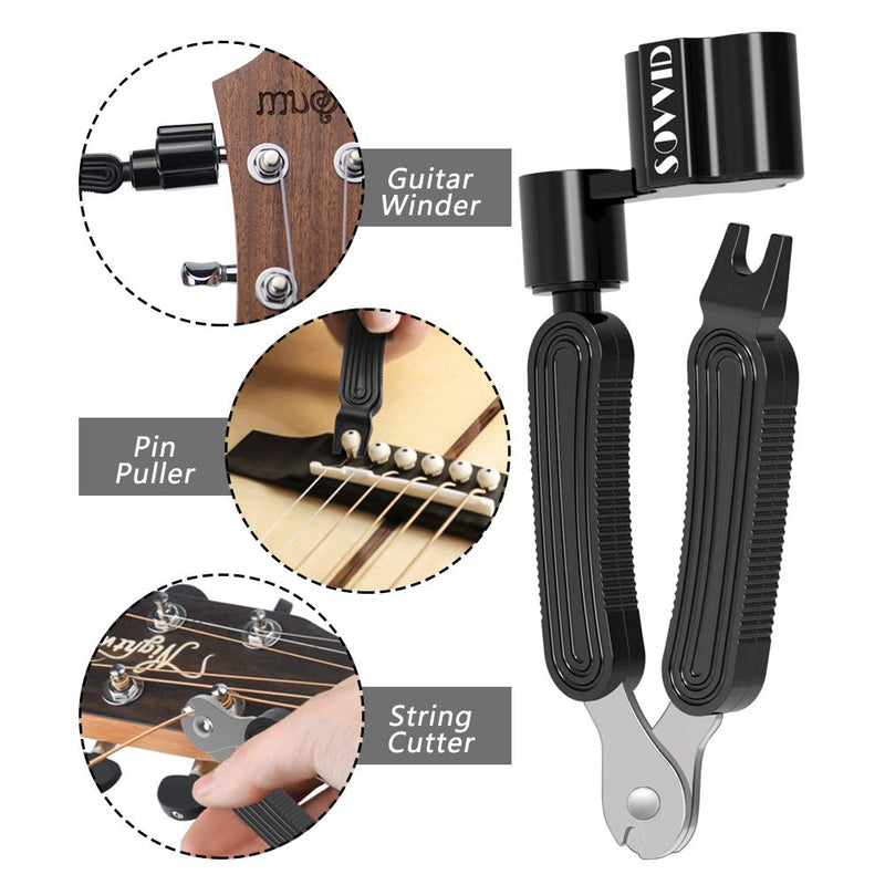 Sovvid Guitar String Winder and Cutter, 3 in 1 Professional Guitar Restringing Tool for Peg Winder Bridge Pin Puller and String Clippers, Multitool Fit to Guitars Bass Ukulele Banjo and Mandolin Black