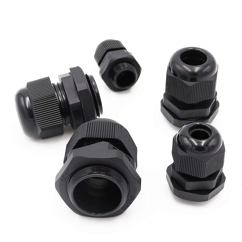 mxuteuk 25 Packs Cable Glands Cable Connectors Plastic Nylon Wire Protectors Joints Waterproof Adjustable Black With Gaskets PG7, PG9, PG11, PG13.5, PG16 (5 each) PG-5S-5BK