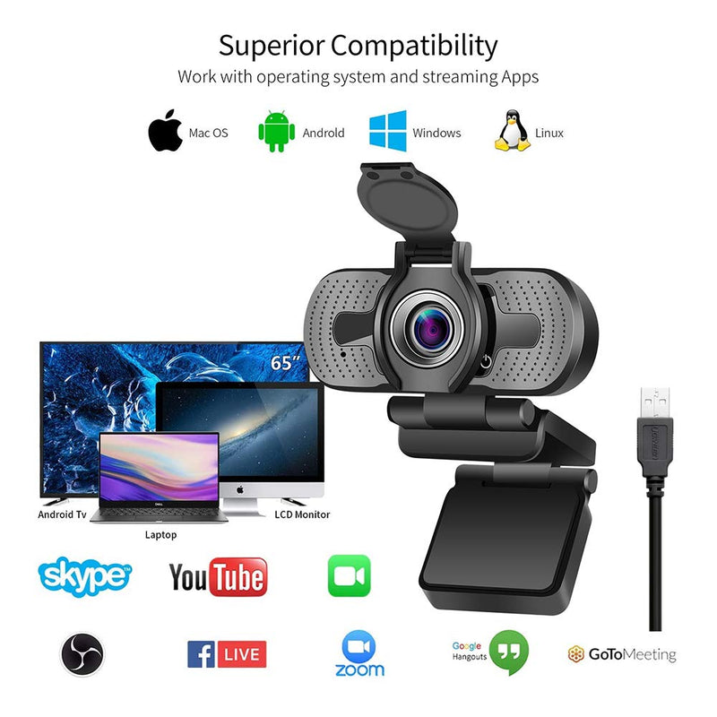 Webcam with Microphone, Dericam 1080P Webcam, Desktop Laptop Computer USB Web Camera with Privacy Cover and Tripod, Plug and Play for Video Streaming, Conference,Gaming, Online Classes (with Tripod) with tripod