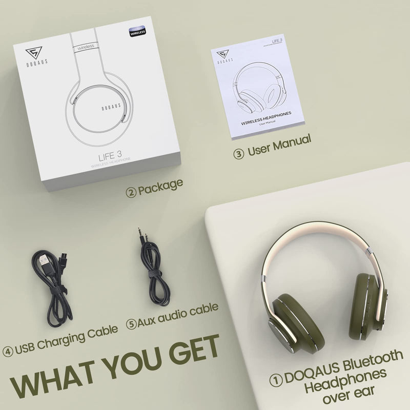 [AUSTRALIA] - DOQAUS Bluetooth Headphones Over Ear, 52 Hours Playtime Wireless Headphones with 3 EQ Modes, Noise Isolating HiFi Stereo Headphones with Deep Bass, Microphone, Soft Earpads for Cellphone/PC (Green) Green 