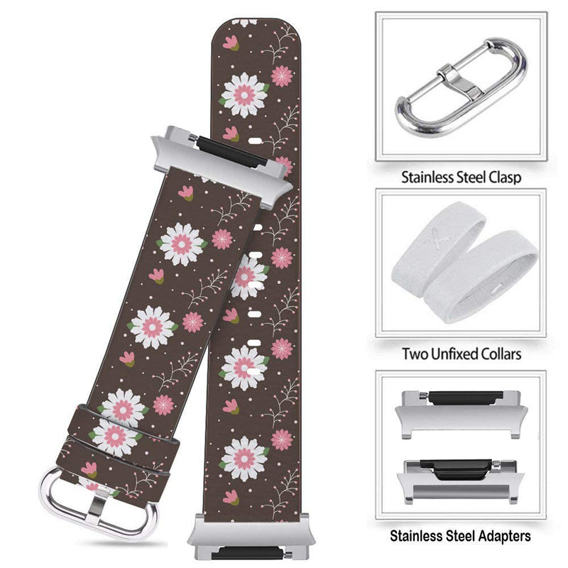 Compatible with Fitbit Ionic - Replacement Leather Wristband Bracelet with Stainless Steel Clasp and Adapters - Brown White Flower
