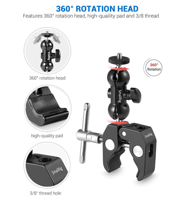 SmallRig Cool Ballhead Arm Super Camera Clamp Mount Double Ball Adapter, Fence Desk Table Mount for Ronin-M for Insta360, for Gopro - 1138