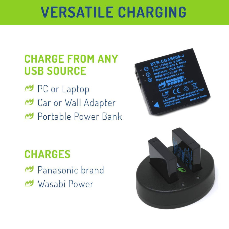 Wasabi Power Battery (2-Pack) and Dual Charger for Panasonic CGA-S005, DMW-BCC12 and Panasonic Lumix DMC-FX9, DMC-FX10, DMC-FX12, DMC-FX50, DMC-FX100, DMC-FX150, DMC-FX180, DMC-LX1, DMC-LX2, DMC-LX3