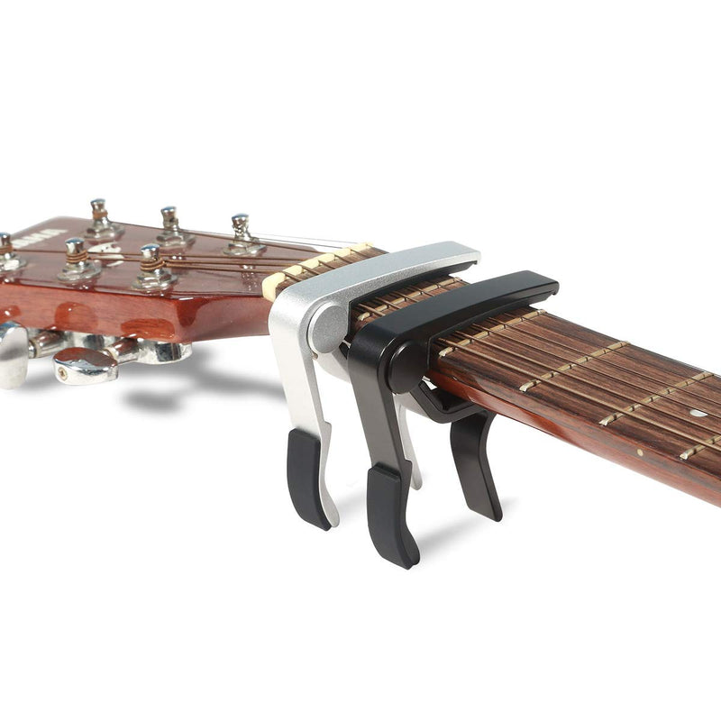 WINGO 6 String Single-handed Guitar Capo For Acoustic Electric Guitar - 2 Pack of Black and Silver Black & Silver