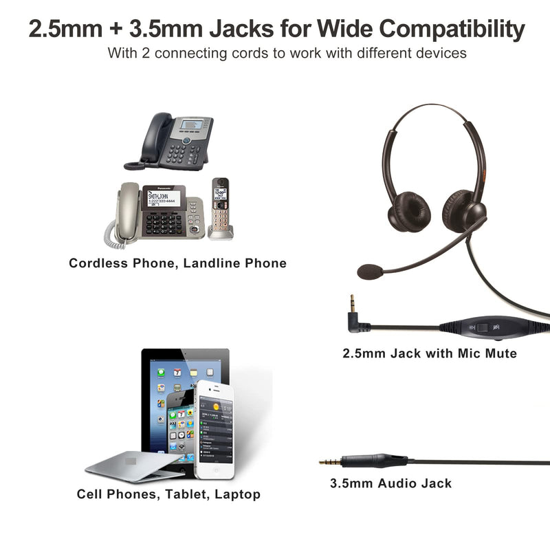 EMAIKER Telephone Headset 2.5mm for Office Call Center with Noise Cancelling Mic and 2.5 mm Jack for Cisco Polycom Panasonic Desk Phone Stereo 500DQD2.5/3.5mm