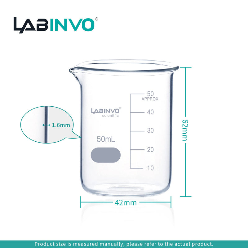 LABINVO Low Form Graduated Glass Beaker, 10pcs of Vol.50ml, 3.3 Borosilicate Glass, IN-BKL50 10 PCS of 50 mL