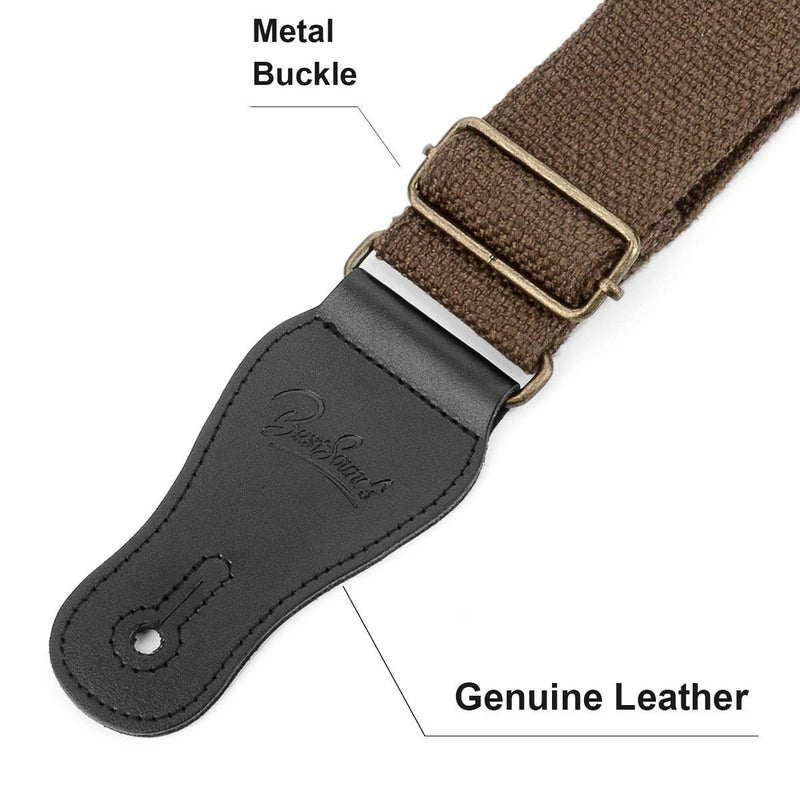 BestSounds Guitar Strap 100% Soft Cotton Genuine Leather Ends Strap for Acoustic Guitar, Electric Guitar, Bass & Mandolins (Coffee) Coffee
