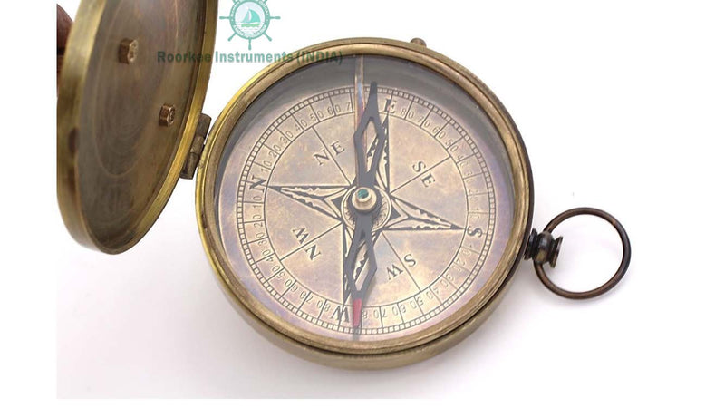 Solid Brass Sundial Compass with Leather Case/Vintage Burnished Brass Compass with Leather Box/Directional Magnetic Compass for Navigation/Sundial Pocket Compass for Camping, Hiking, Touring …