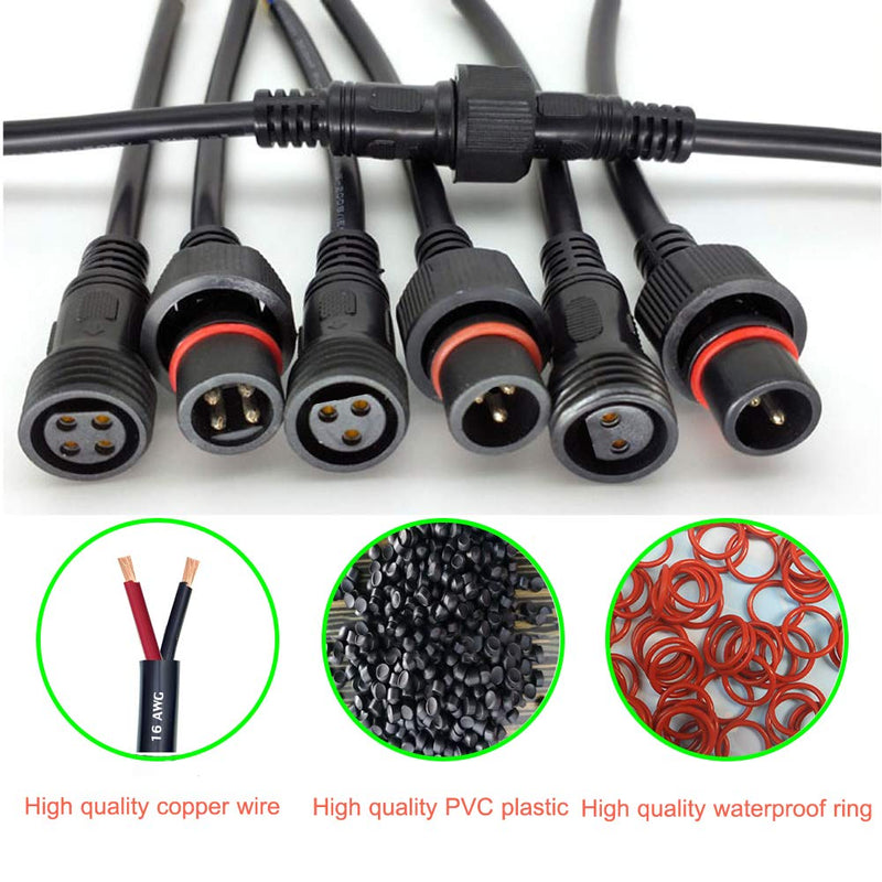 QOFOWIN 2 Wire Waterproof Connector, 2Pin Male Female Plug LED Connector,with 16AWG IP65 20CM Extension Cable for Car, Boat,Truck,Indoor/Outdoor LED Strip Lights(2Pin 5Pairs) Waterproof LED 2Pin Connector