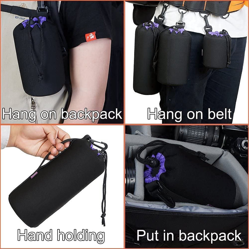 (4 Pack)Cwatcun 0.2" Thick Protective Neoprene Pouch Set for DSLR Camera Lens Canon,Nikon,Sony:Small,Medium, Large & Extra Large Soft Plush Camera Lens Bags for Pentax,Panasonic,Fuji,Tamron,Sigma lens 4 Packs