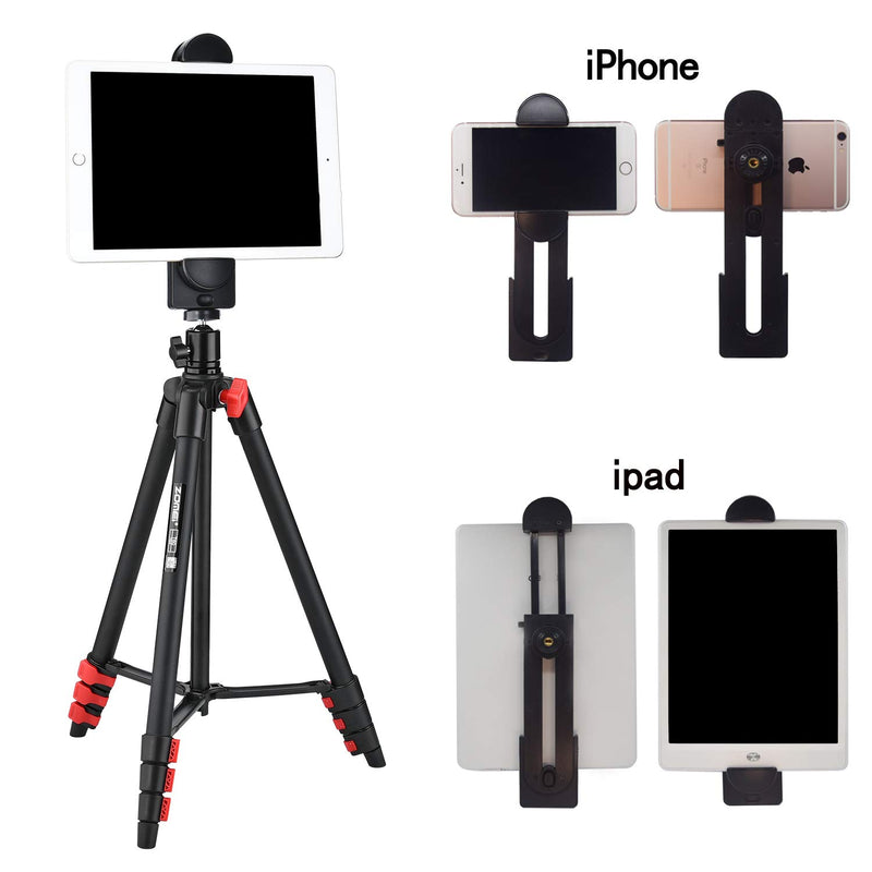 Tripod for iPad 53-Inch Lightweight Aluminum Travel Selfie Tripod with Tablet and Phone Holder for iPhone Mobile Tablet Tripod-Black
