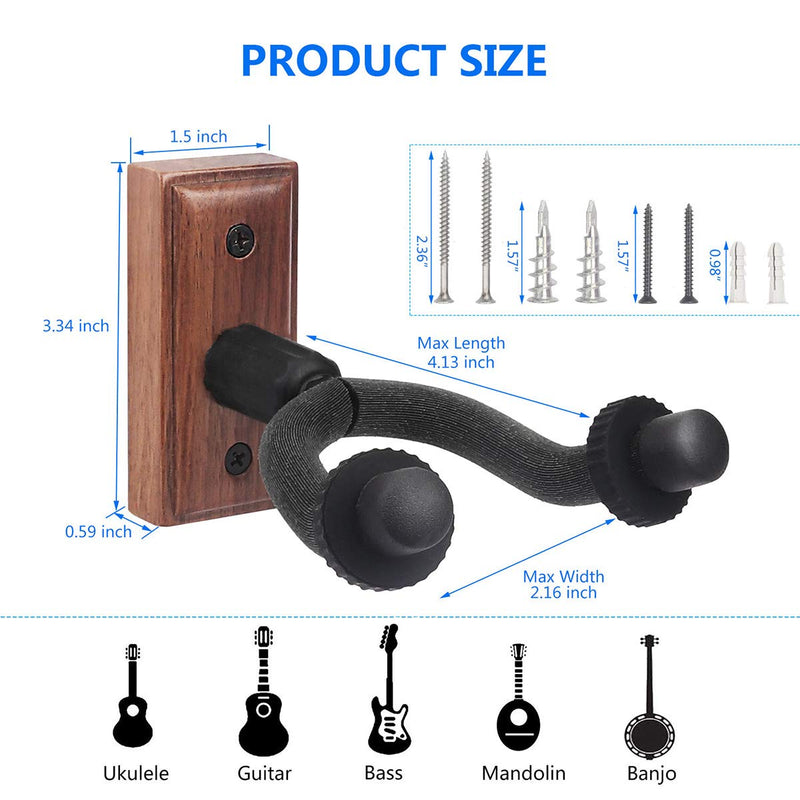 WINGO Guitar Hangers Wall Mounts Holder Stand for Acoustic Electric Guitar Bass Ukulele – Black Walnut Wood (One Pack, 2 Pairs Screws)