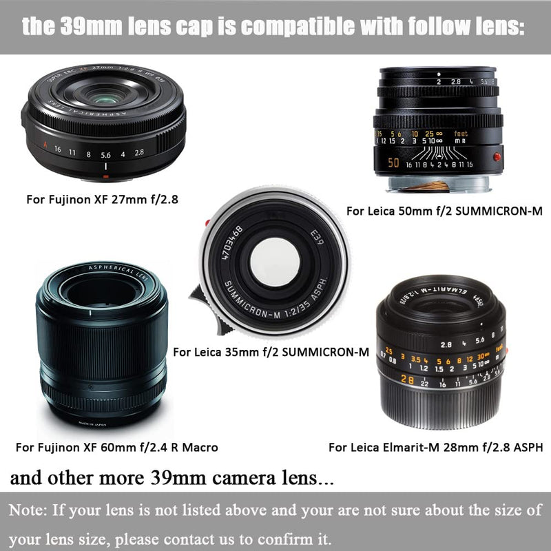 39mm Snap-On Lens Cap for Leica Summicron-M 35mm f/2 ASPH, Elmarit-M 28mm f/2.8 ASPH, Fire Rock 39mm Center-Pinched Lens for Fujinon 60mm XF f/2.4 R Macro, XF 27mm f/2.8 R WR Lens-2Packs
