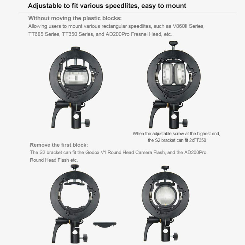 Godox S2 Speedlite S-Type Bracket Bowens Mount Flash Holder for Godox V1 AD200Pro AD400Pro AD200 and Other Flashes, Precise Tilt Control, Large Handle, Integrated Umbrella Mount with Diffuser