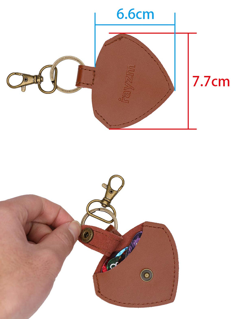 Rayzm Keychain Guitar Picks Holder with 6pcs Picks, Leather Guitar Plectrums Case Bag, Guitar Headstock Strap Button Tie for Acoustic/Electric/Bass Guitars with Strap Tie