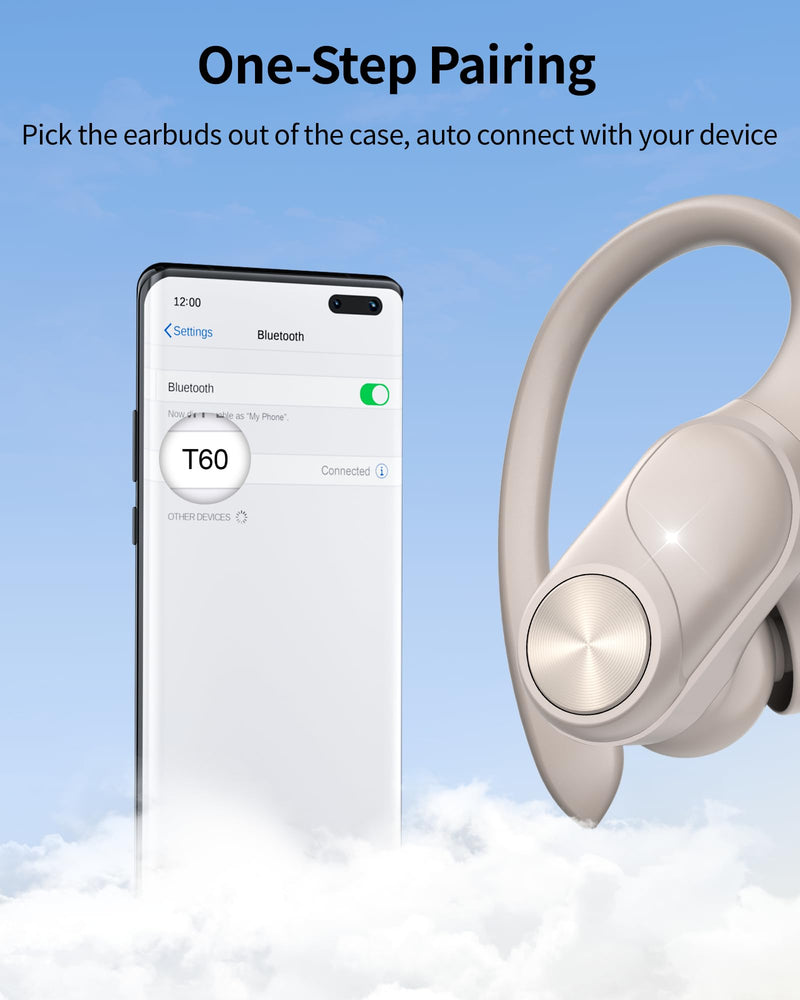 Bluetooth Headphones Wireless Earbuds 80hrs Playtime Wireless Charging Case Digital Display Sports Ear buds with Earhook Waterproof Over-Ear Earphones for TV Phone Laptop Contrast Color (Pearl Gray) Pearl Gray