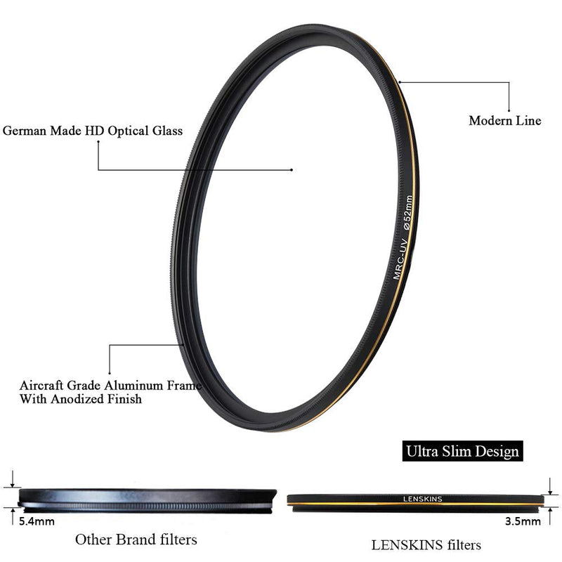 LENSKINS 52mm UV Protective Filter, 16-Layer Multi-Resistant Nano Coated, Ultra Slim, German Optics, Weather-Sealed, HD Clear Glass Ultra Violet Filter, Camera Lens Protector with Lens Cloth